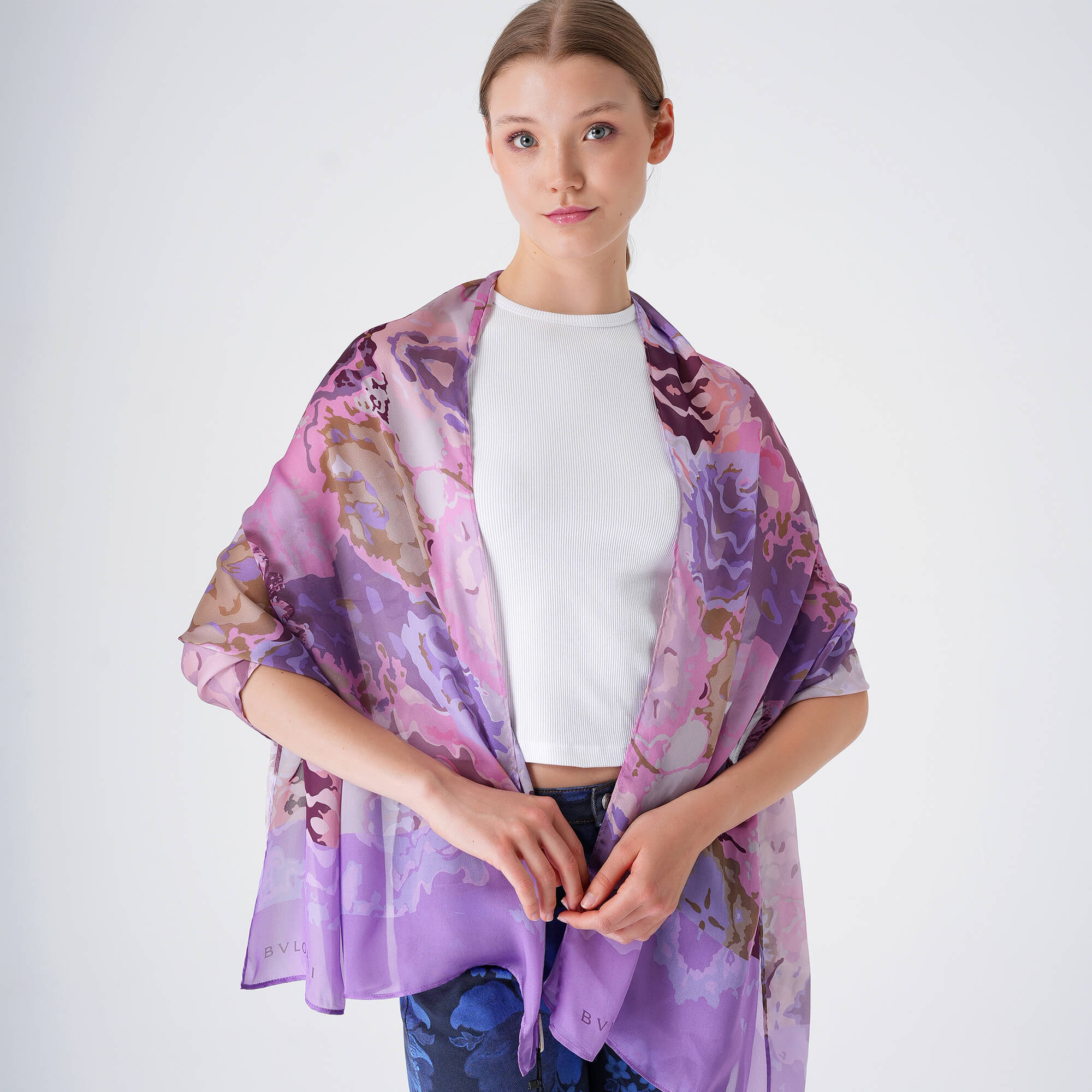 Bvlgari - Purple Silk Floral Print Shawl